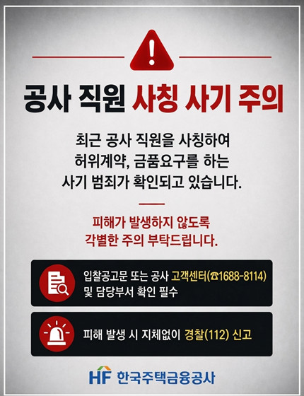 한국주택금융공사 직원 사칭 사기 주의 안내. 최근 공사 직원을 사칭한 허위계약 및 금품 요구 사기 범죄가 확인되고 있으니 주의 바랍니다. 확인 방법은 입찰공고문 또는 공사 고객센터(1688-8114) 및 담당 부서 확인 필수이며, 피해 발생 시 즉시 경찰(112)에 신고하시기 바랍니다.